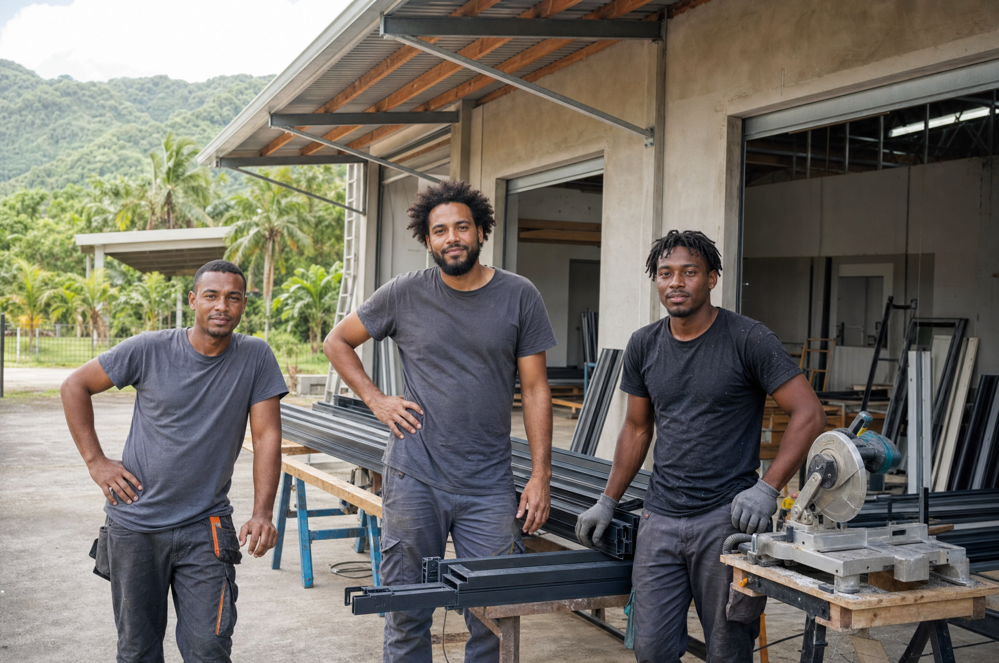 L'équipe de Direct Menuiseries devant l'atelier, profilés aluminium en cours de coupe