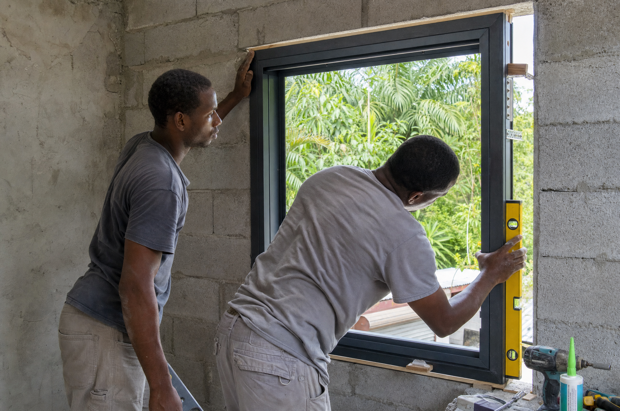 Réglage d'un dormant au niveau sur un chantier guadeloupéen