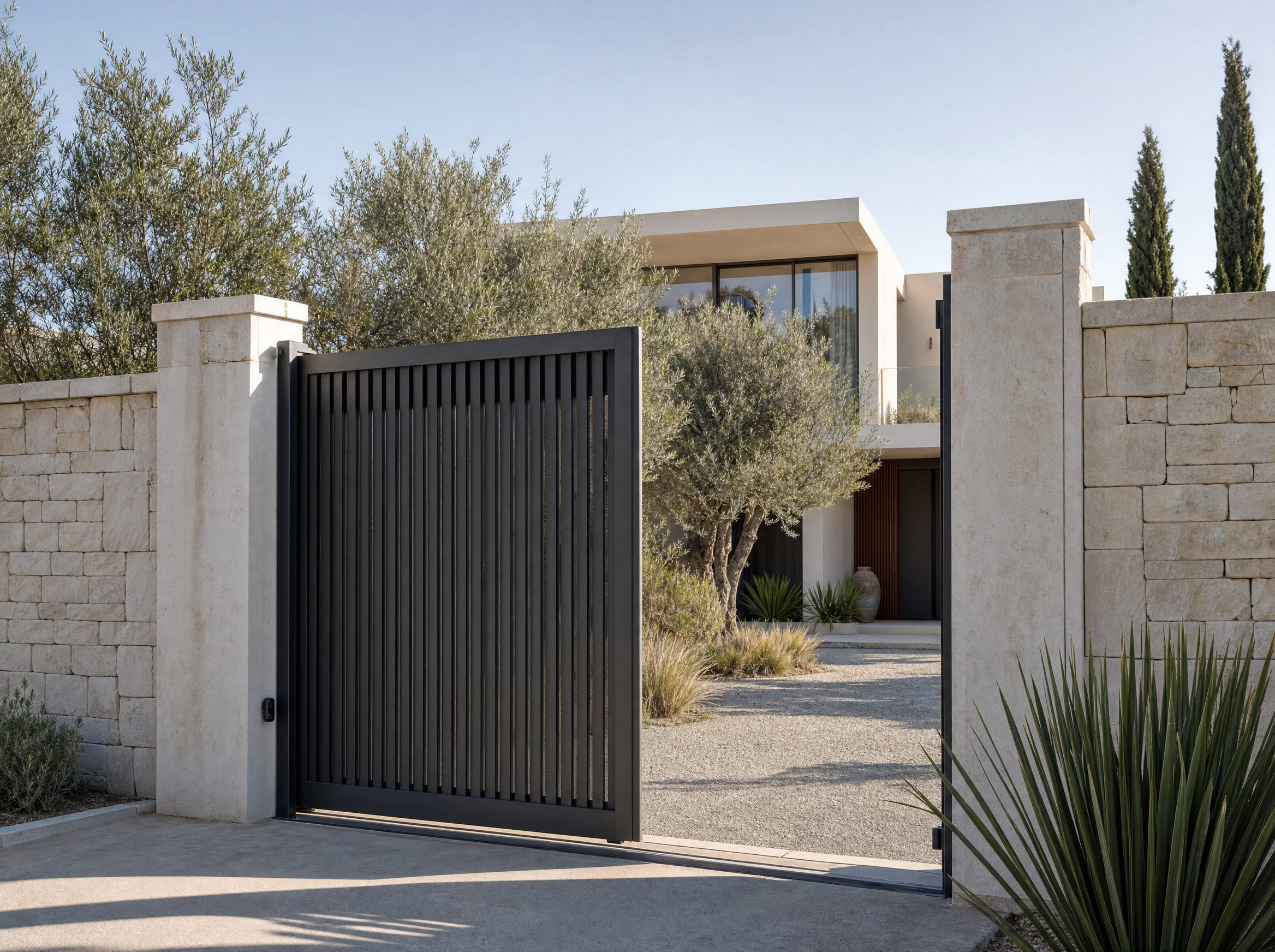 Portail aluminium à lames verticales posé en entrée de villa