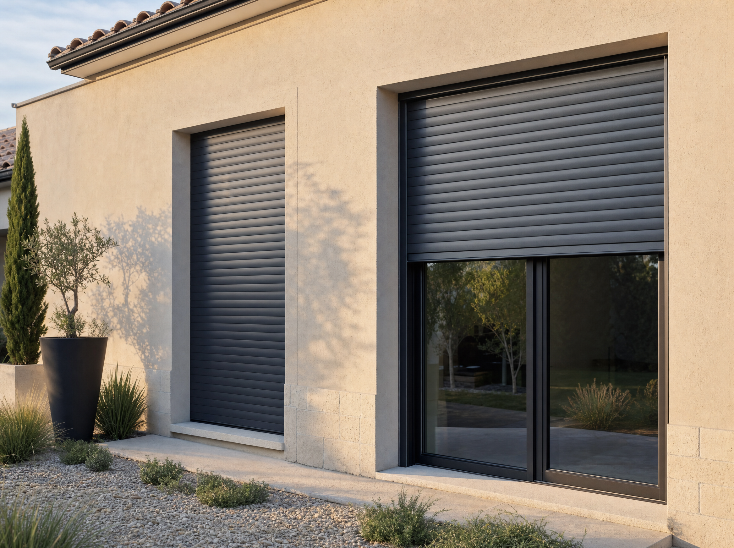 Volets roulants aluminium anthracite sur une façade